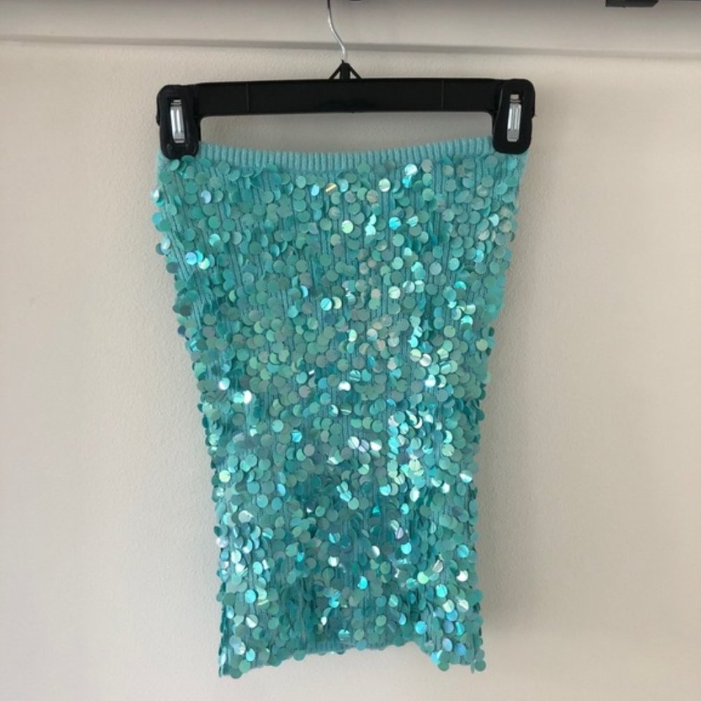 Trina Turk Blue Sequin Knit Tube Top, Size Small